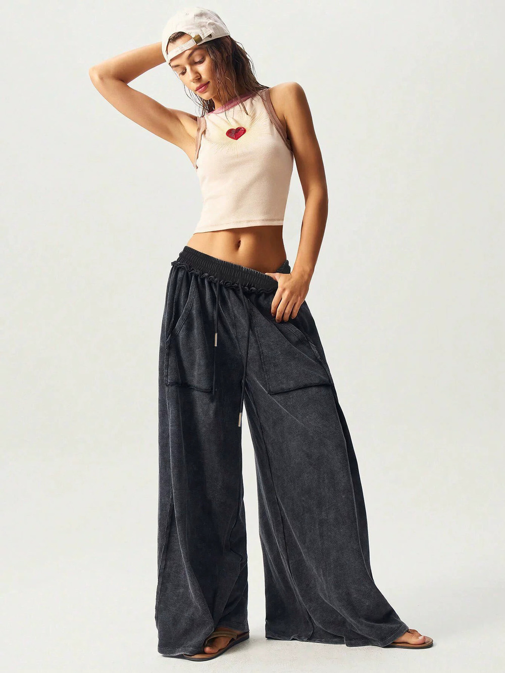 ZARA Womens American Retro High Waisted Wide Leg Loose Casual Solid Draped Pants